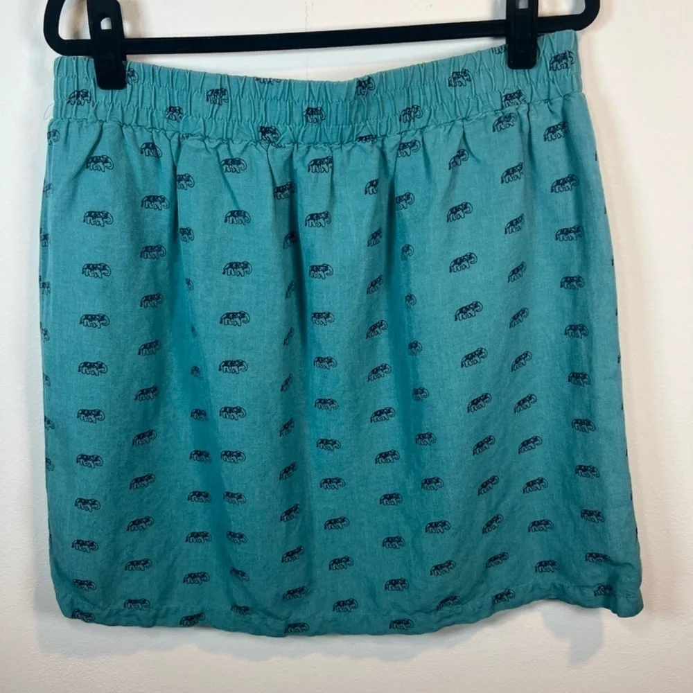 Loft Outlet Linen Blend Mini Skirt Teal Elephant Print Pockets Womens Size Large